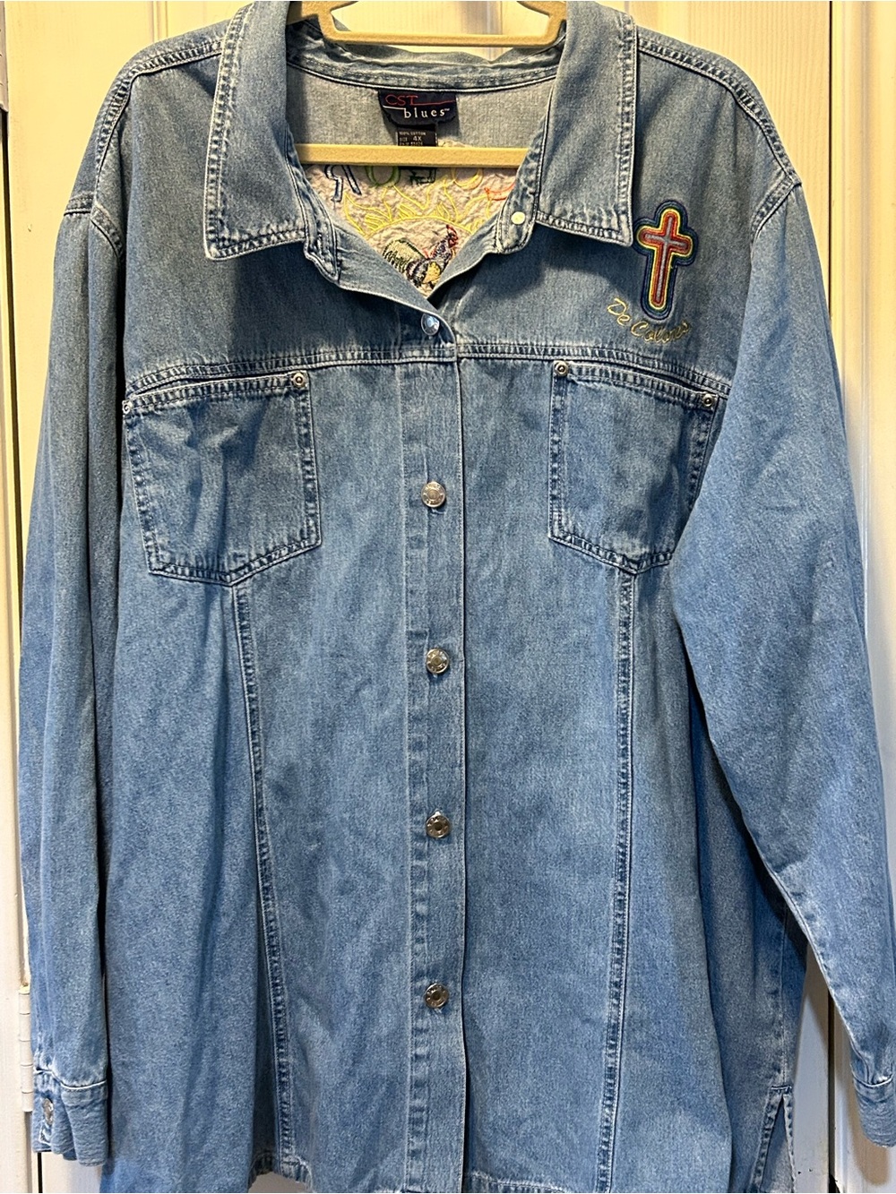 Light Blue Denim Jacket with Embroidered Cross